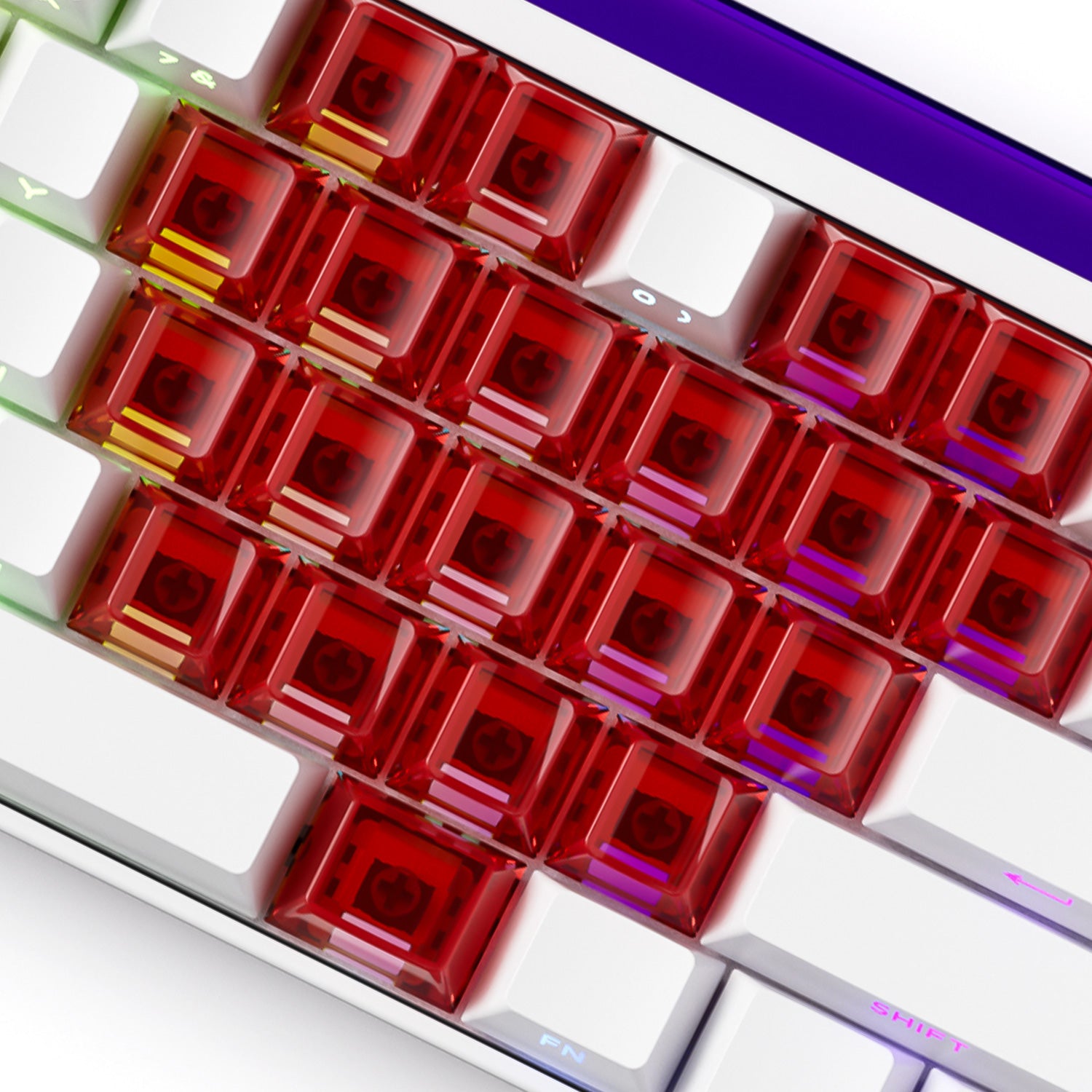 Close-up of a keyboard with Veekos red transparent love keycaps on a white background